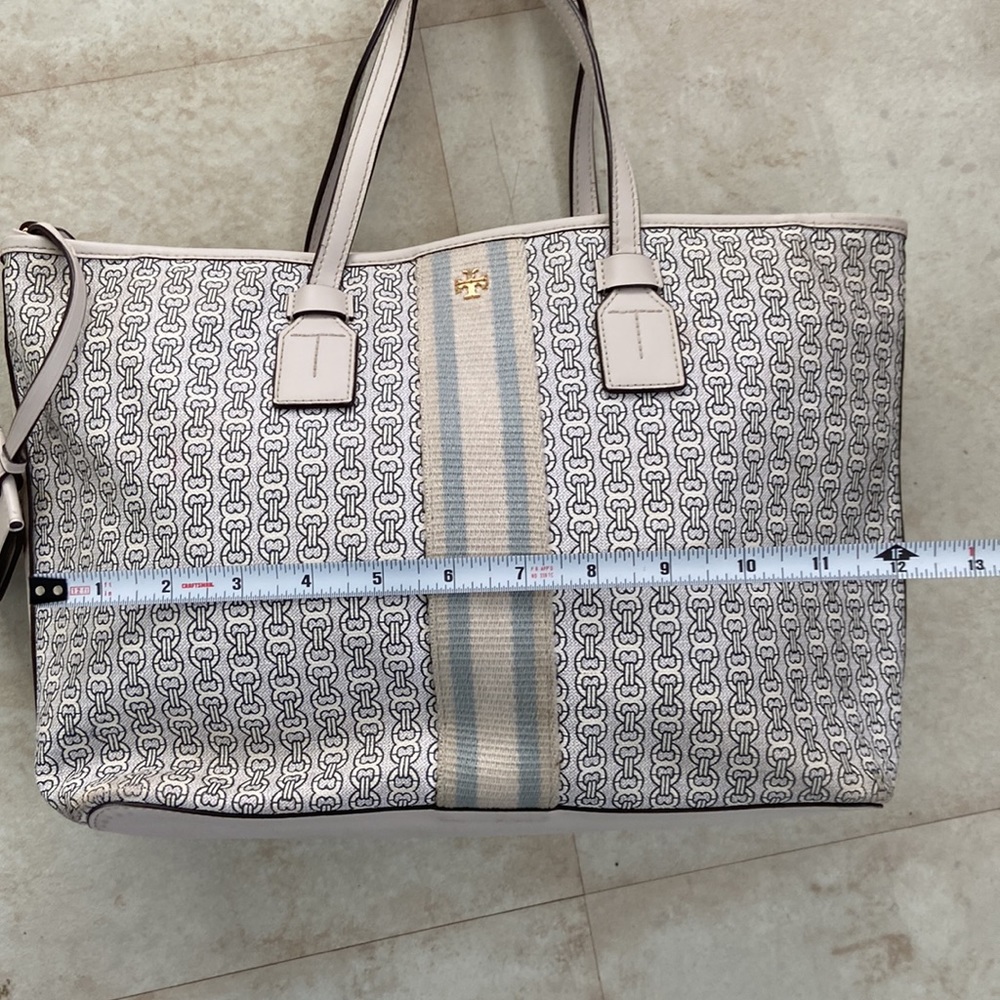 Tory Burch Gemini Link Tote Coated Canvas Double Strap Tote Designer Cream Blue - Picture 12 of 13